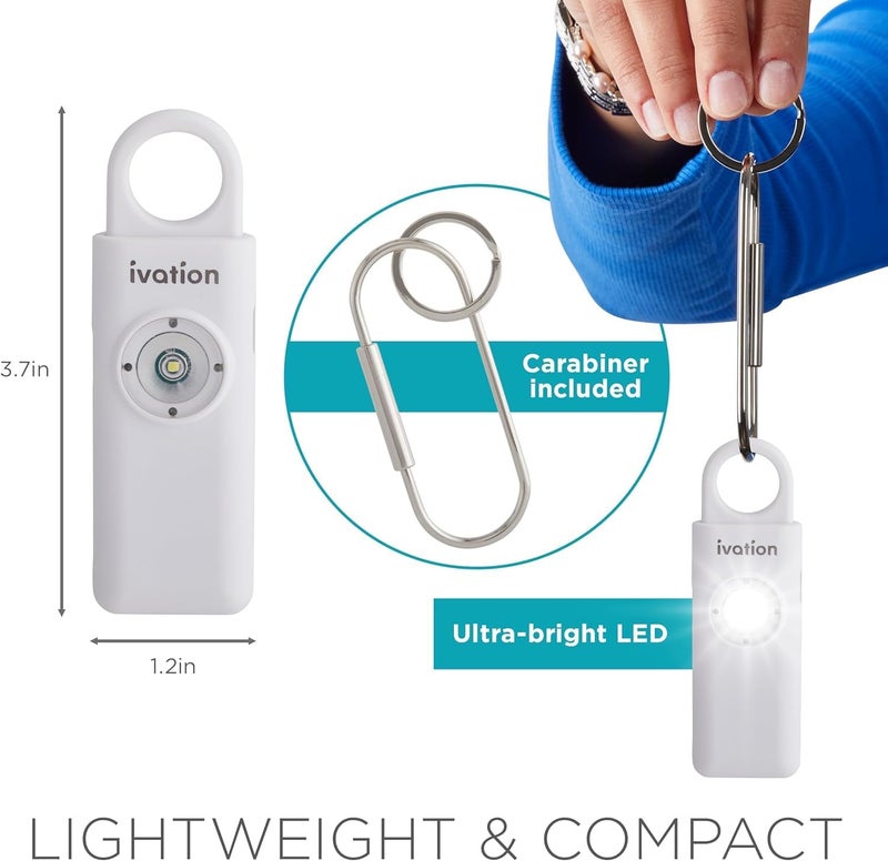 Ivation Personal Rechargeable SOS Alarm, Pocket Size Loud 130dB Sound Safety Siren & LED Panic Strobe Light with Carabiner Keychain Clip for Women, Children & Seniors, White - Image 5